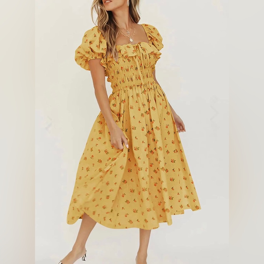 R.Vivimos Womens Summer Floral Print Puff Sleeve Vintage Ruffle Midi Dress Small